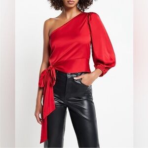 NWT EXPRESS Elegant Red One-Shoulder Satin Tie Waist Women's Top XS
